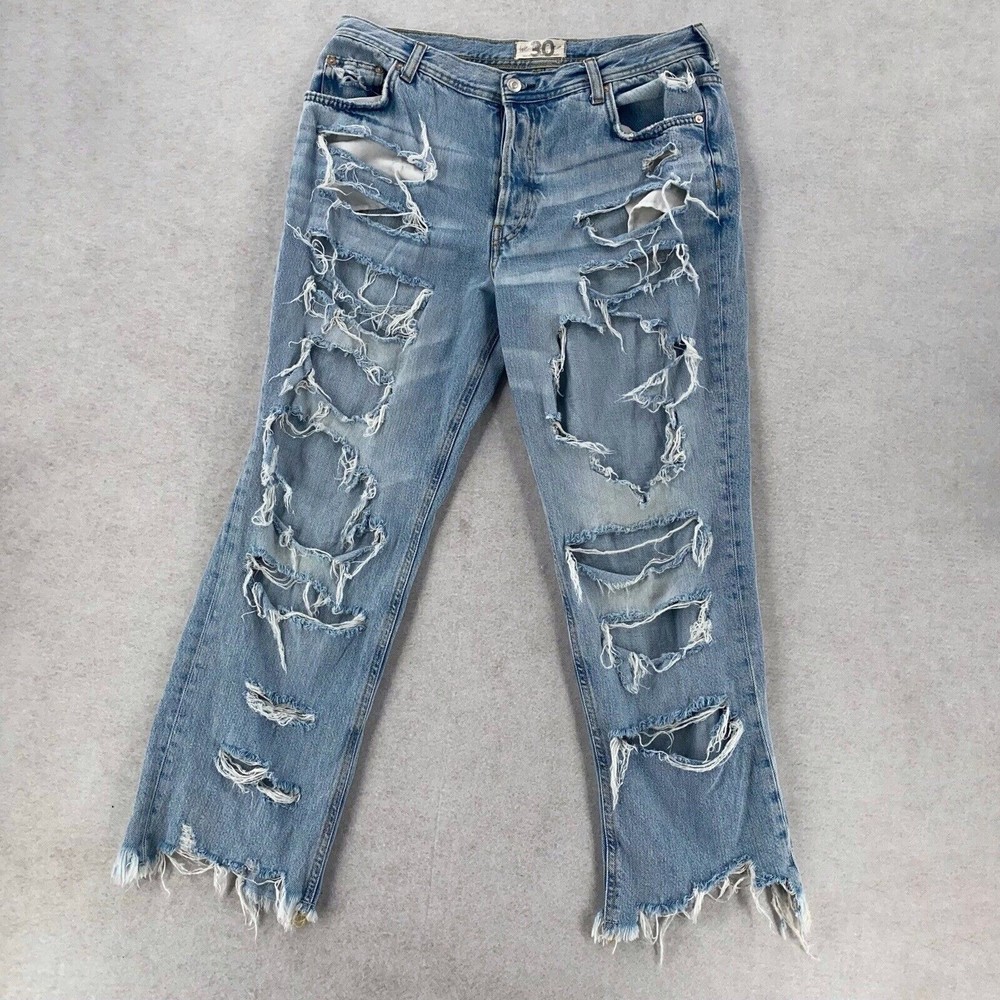 We the Free People Maggie Button Fly Distressed Ripped Wide Leg Mom Jeans Sz 30